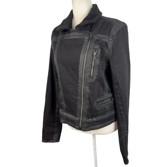 PAIGE Sydney Moto Jacket Night Flight Sherpa Coated Black Stretch Denim Large - Picture 12 of 16